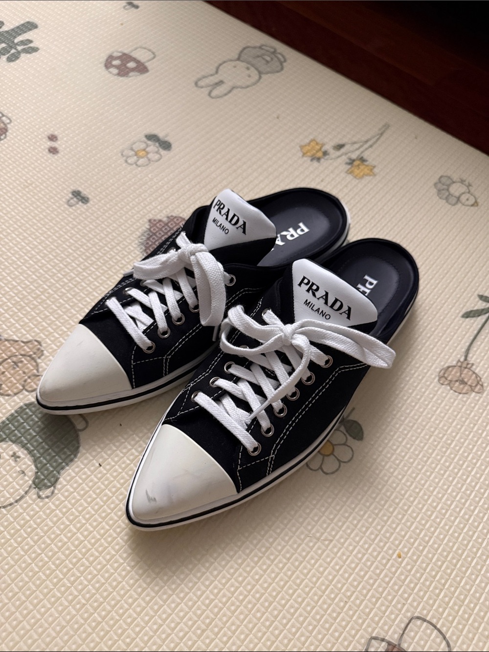 Prada Black and White Canvas Lace-Up Mule Sneakers